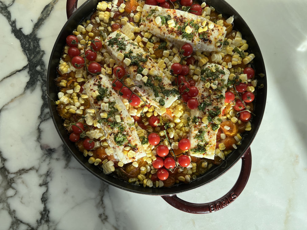 Grilled Halibut with Sun Gold Tomatoes, Corn, and Salsa Verde