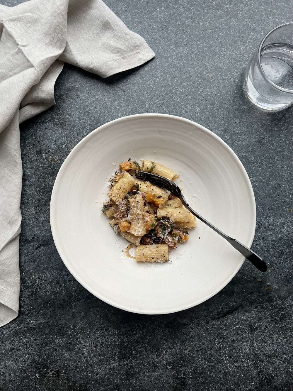 Rigatoni Pasta Recipe With Butternut Squash, Caramelized Onion, & Guanciale