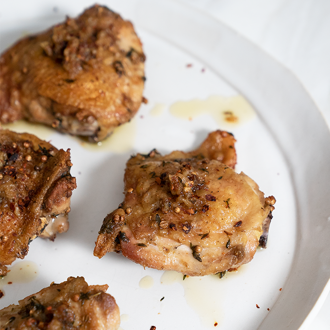 Crispy Chicken Thighs with Cracked Coriander