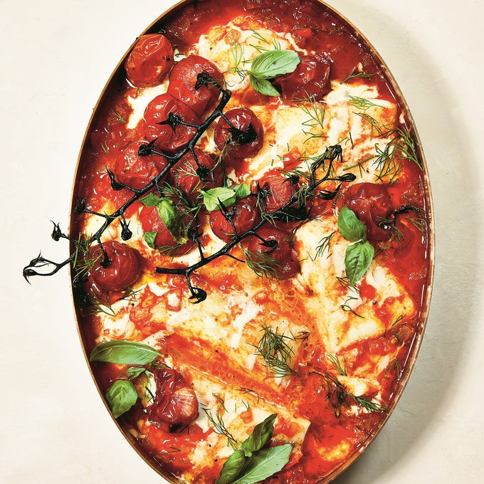 Braised Halibut with Roasted Cherry Tomatoes and Tahini (Chraime)