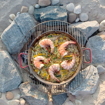 Vegetable Paella with Chorizo + Prawns