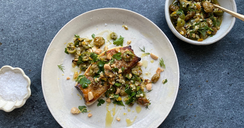 Swordfish With Raisins and Roasted Lemon–Olive Chutney