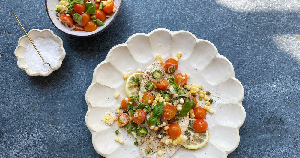 Grilled White Fish With a Tomato, Corn, and Basil Salad