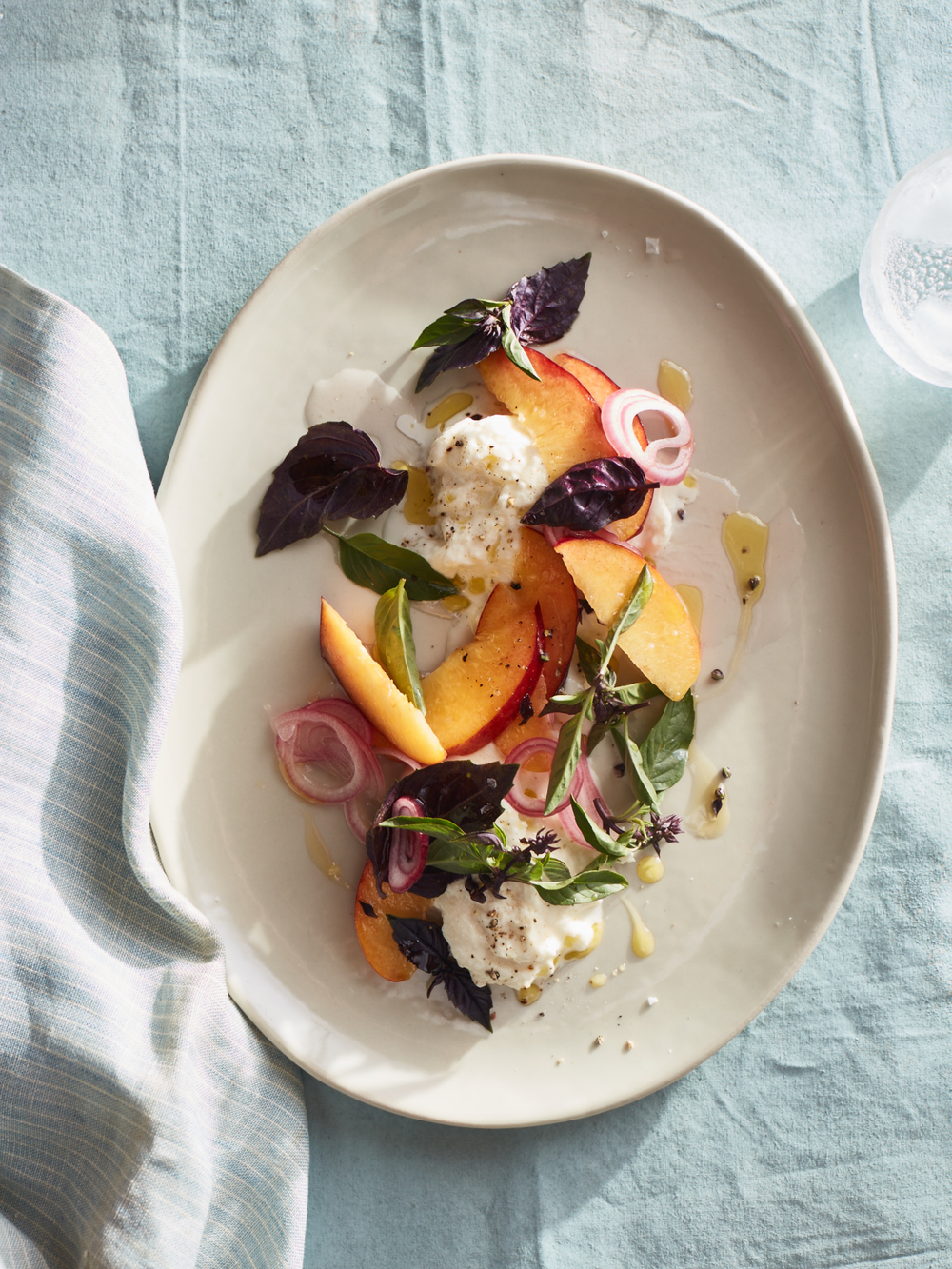 Peaches and Burrata with Pickled Shallot