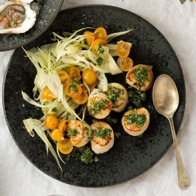 Seared Scallops with Shaved Fennel & Salsa Verde