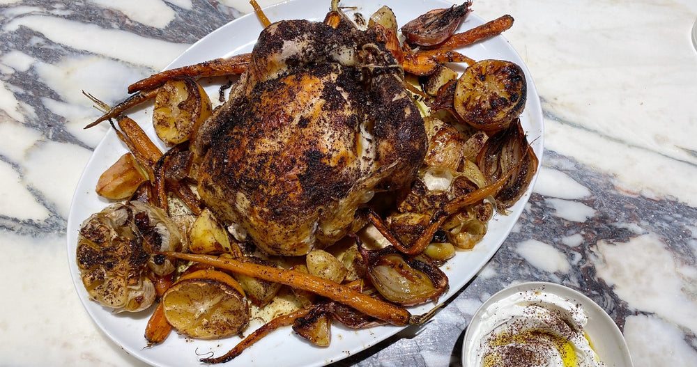 Whole Roasted Chicken with Sumac, Roasted Vegetables, and Labne