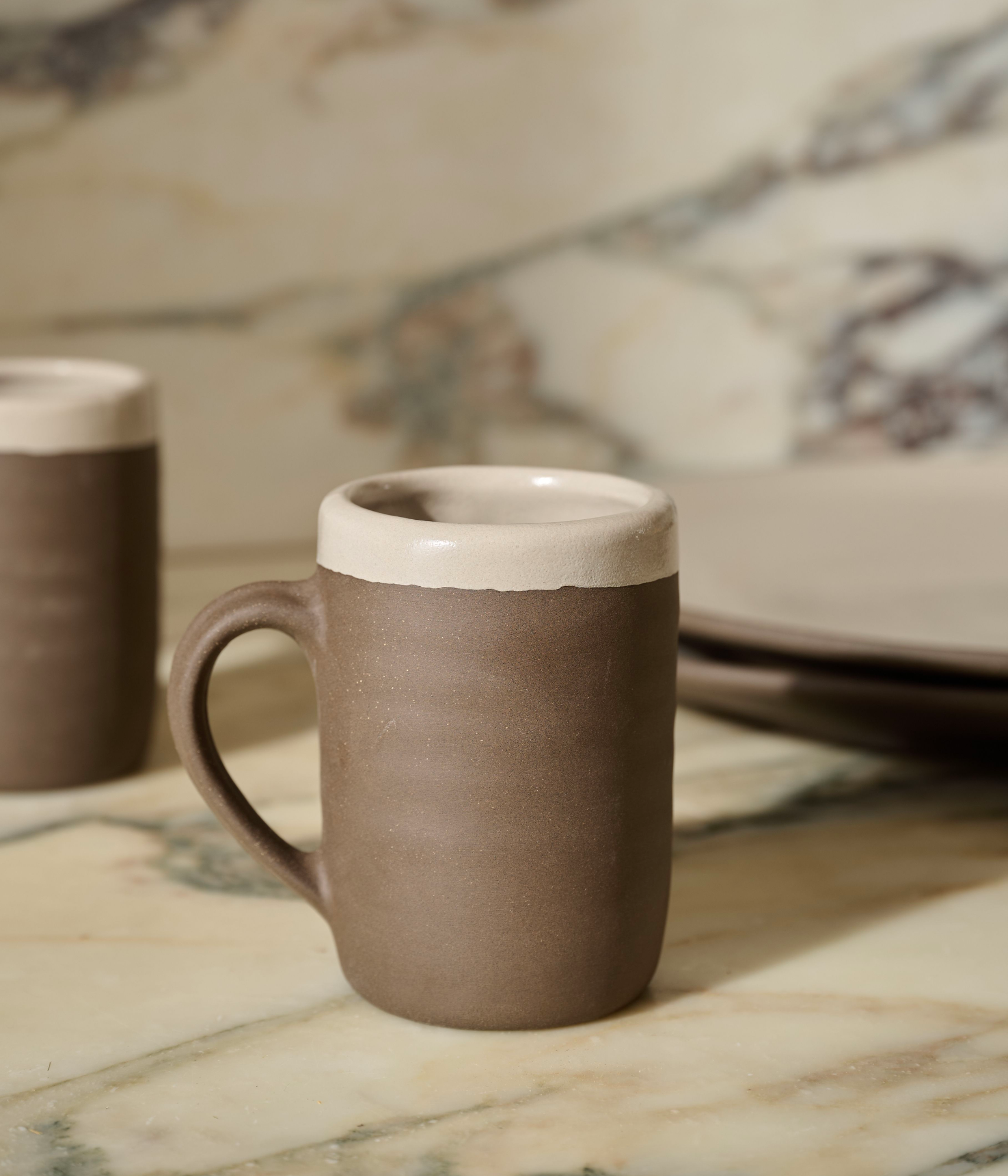 Set of 2 Brown and Beige Ceramic Mugs Ceramic Coffee Cups Set